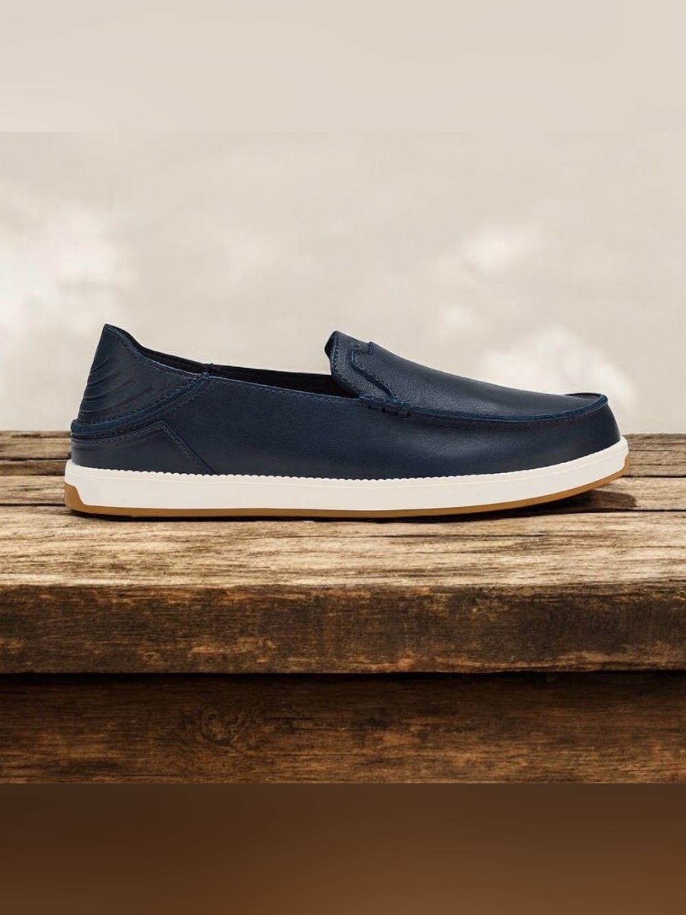 OluKai Kākaha Nia Men’s Navy Blue Leather Slip-On Shoes - Picture 12 of 16